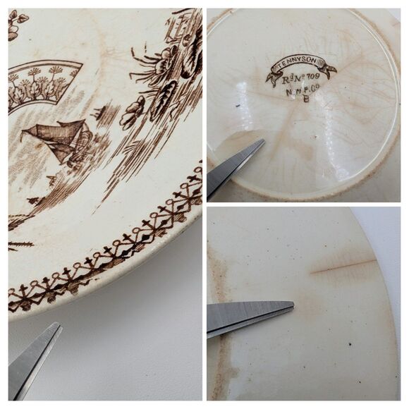 Antique New Wharf Pottery Tennyson Saucers Plates 2 Brown White Transferware 6" - Picture 10 of 12